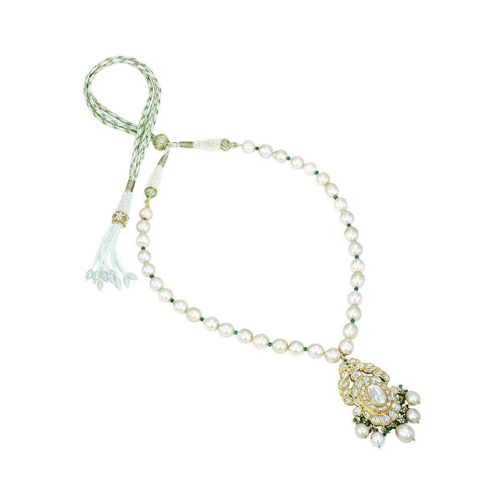 Pearl Strand Necklace with Polki Pendant and Emerald Beads